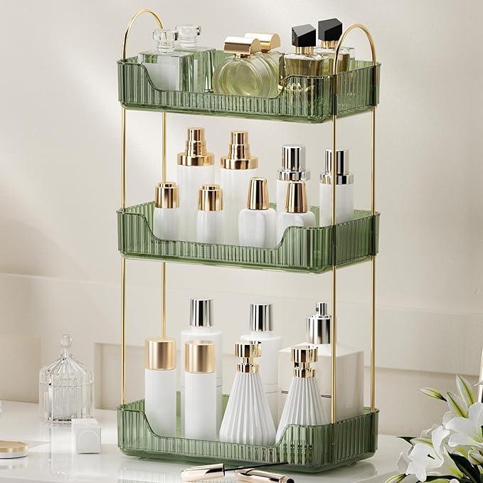 YCIA&DONE Bathroom Organizer Countertop, Makeup Storage, Skincare Cosmetic Tray Shelf, Perfume Holder Rack for Vanity Counter, Large Capacity, Easy to Install, Clean, 3 Tiers, Vintage Green - ModernBath