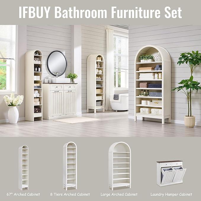 67" Tall Arched Bathroom Storage Cabinet, 8-Tier Modern Farmhouse Storage Cabinet with Adjustable Shelves, Wood Freestanding Cabinet for Bathroom, Living Room, Entryway, Hallway (Antique White) - ModernBath