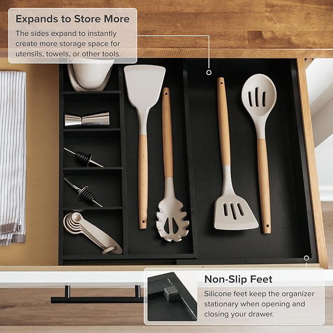 KitchenEdge Adjustable Kitchen Drawer Organizer for Utensils and Junk, Food-Safe Contract Grade with 100% Sustainable Wood, Expandable from 10.5 to 19 Inches Wide - Black Bamboo - ModernBath
