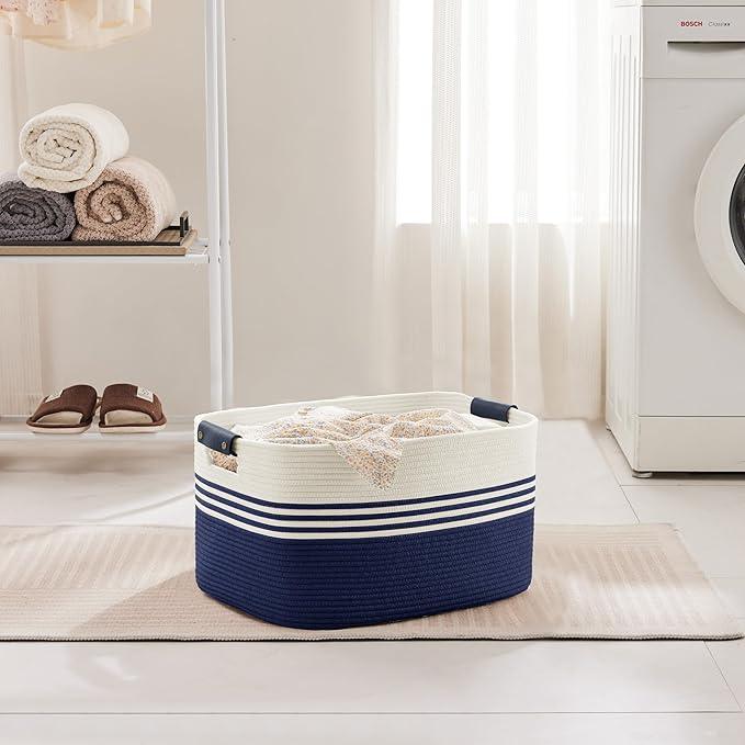45L Small Laundry Basket with Leather Handles for Living Room Storage, Woven Rope Baskets Bin for Blanket, Kids Toy, Gifts, Wicker Hamper for Bedroom Dirty Clothes, 18"x14"x11" White Navy - ModernBath