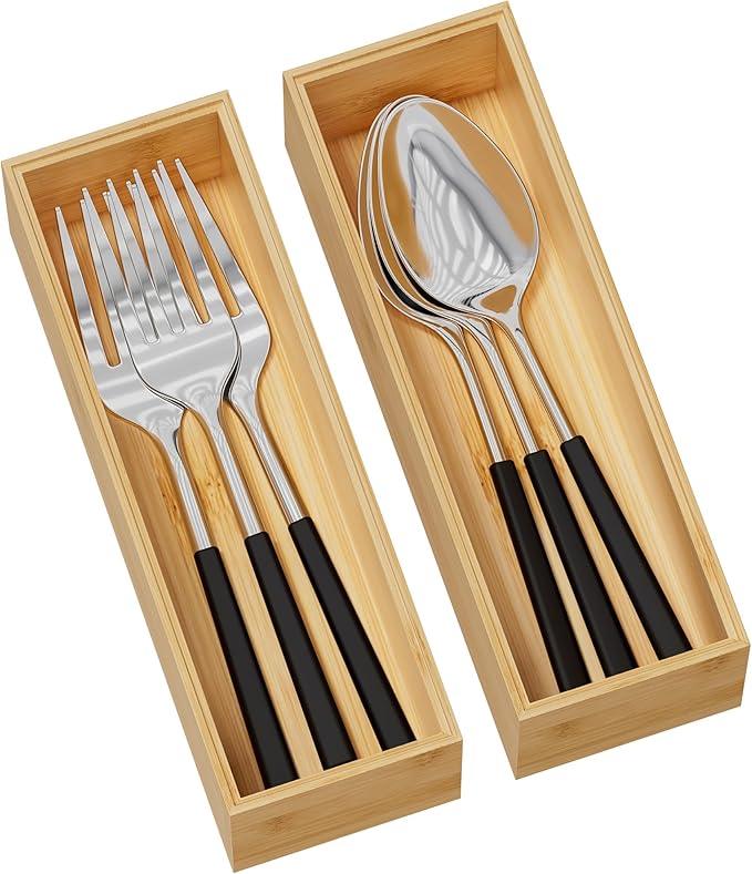 Kitchen Drawer Organizer Bins, Stackable Bamboo Deep Drawer Organizer for Silverware, Utensils, Cutlery, Flatware, Junk Drawer, Dresser, Bathroom, 9" x 3" x 2.5" (Set of 2) - ModernBath