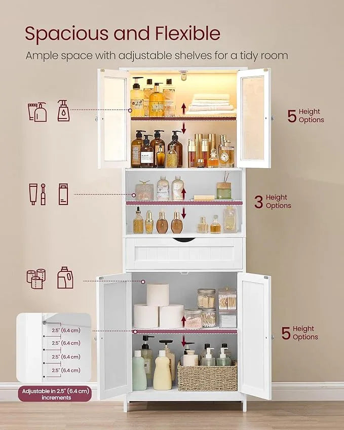 VASAGLE Storage Cabinet with LED Lights, Freestanding Storage Unit with Adjustable Shelves, Drawer, Open Compartments, for Bathroom, Living Room, Kitchen, Cloud White UBBC767WH01S - ModernBath