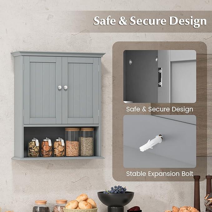 Giantex Wall Mounted Medicine Cabinets - Above Toilet Bathroom Cabinet with Adjustable Shelf, Open Shelf, Over The Toilet Space Saver Storage Cabinet for Laundry Room, Kitchen, Cupboard (Gray) - ModernBath