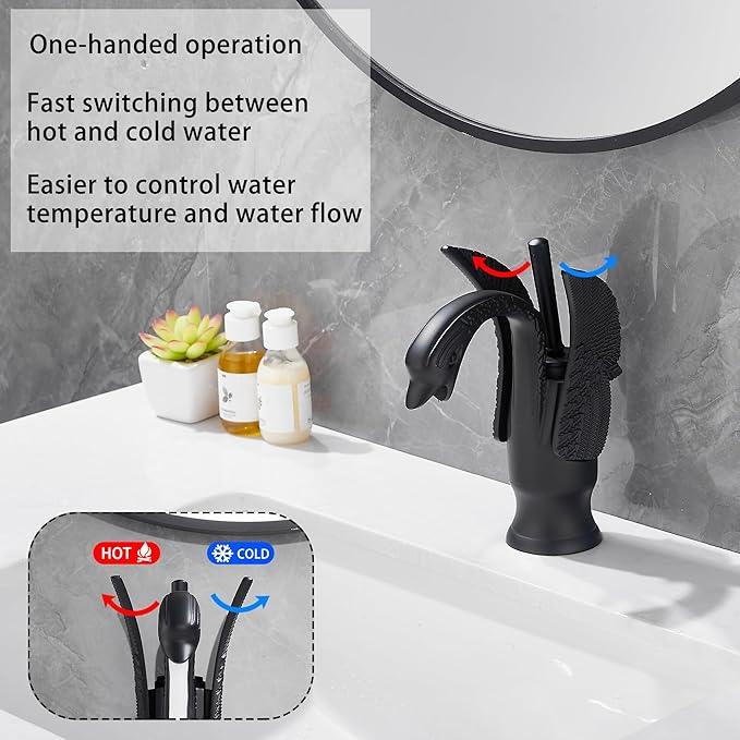 GGStudy Bathroom Faucet Matte Black Swan Single Handle 1 Hole Bathroom Vanity Faucet Basin Tap Deck Mount Lavatory - ModernBath