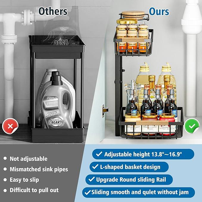 Under Sink Organizers, 2 Tier Pull Out Under Cabinet Organizer，Height Adjustable Pull Out Cabinet Drawers, Metal Sliding Drawer for Kitchen Bathroom Pantry Cabinet Closet Organization Rack，2 Packs - ModernBath