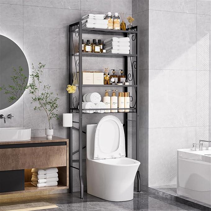 Over-The-Toilet Storage Rack 4-Tier,Bathroom Organizer Shelf Over Toilet,Adjustable Wooden Shelves and Basket,Freestanding Above Toilet Shelf,Space Saver for Rooms(Black Rack-Black Shelves) - ModernBath