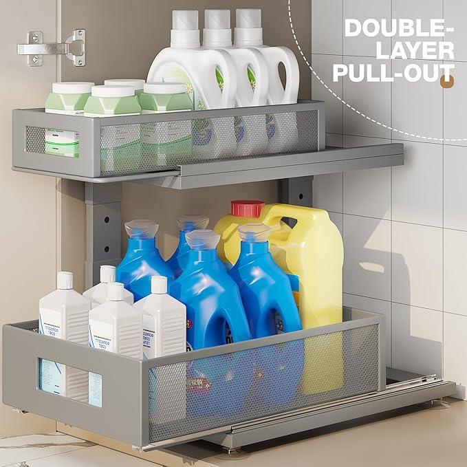 2 Pack 15.74IN-Depth Under Sink Organizer With Next-Gen Ball-Bearing Slides,2-Tier Pull Out Cabinet Storage,Height Adjustable Drawer Shelf for Bathroom,Kitchen,Laundry,Cabinet,Pantry-Gun Gray - ModernBath
