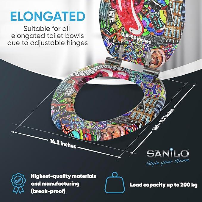 SANILO Wooden Toilet Seat with Soft Close [ELONGATED] - Decorative, Quiet & Slow Close Molded Wood Seat - With Strong Bumpers & Hinges - Adjustable Fit - Graffiti - ModernBath