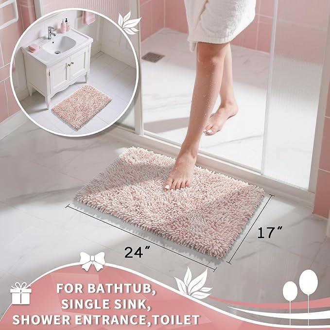 Yimobra Chenille Bathroom Rugs Non Slip, Extra Thick Soft Absorbent Bath Rug, Machine Washable Quick Dry Bath Mat for Bathroom Floor, Tub and Shower, Home Decor Accessories, 24x17, Pink - ModernBath