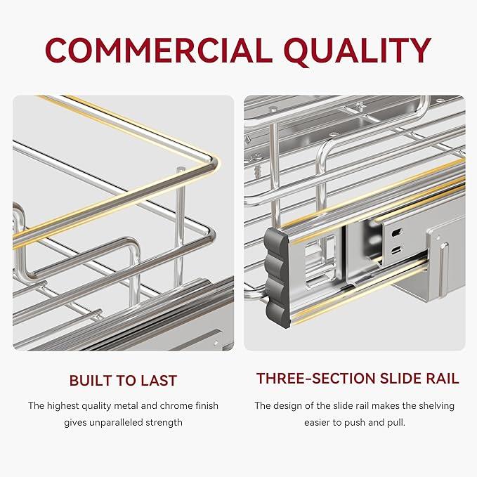 Under Sink Organizer 2 Packs, Pull Out Cabinet Organizer 2 Tier, Under Sink Slide Out Organizer Chrome Plated, Under Kitchen Bathroom Sink Organizer, Pantry Cabinet Closet Organization Rack, 9"W X19"D - ModernBath