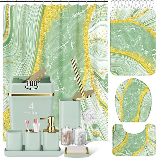 25PCS Bathroom Accessory Set, Green Bathroom Set with Large-Capacity 4 Gallon Trash Can,Bathroom Rugs Set, Waterproof Shower Curtain, Toilet Brush, Toothbrush Holder & Soap Dispenser - ModernBath