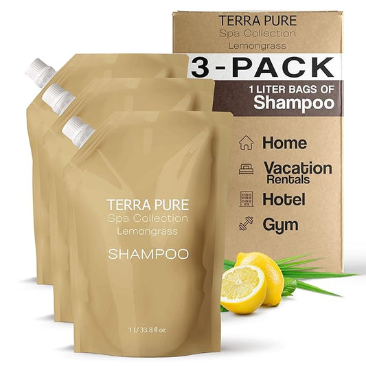 Terra Pure Spa Collection 1 Liter Shampoo Refill Bag For Soap Dispensers | Bulk Toiletries for Vacation Rentals, and Home Bathroom Showers | Green Tea Lemongrass | Set of 3