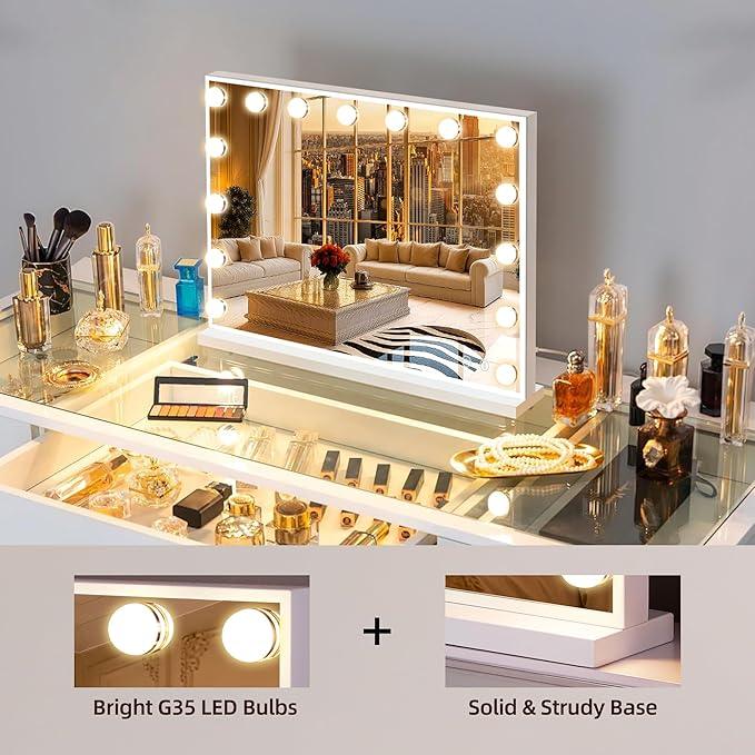 FENCHILIN Vanity Mirror with Lights and Bluetooth Speaker 22.8"x 18.1" Makeup Mirror Lighted Hollywood Mirror with 15 Dimmable LED Bulbs USB Charge Port, 3 Color Lighting Modes - ModernBath