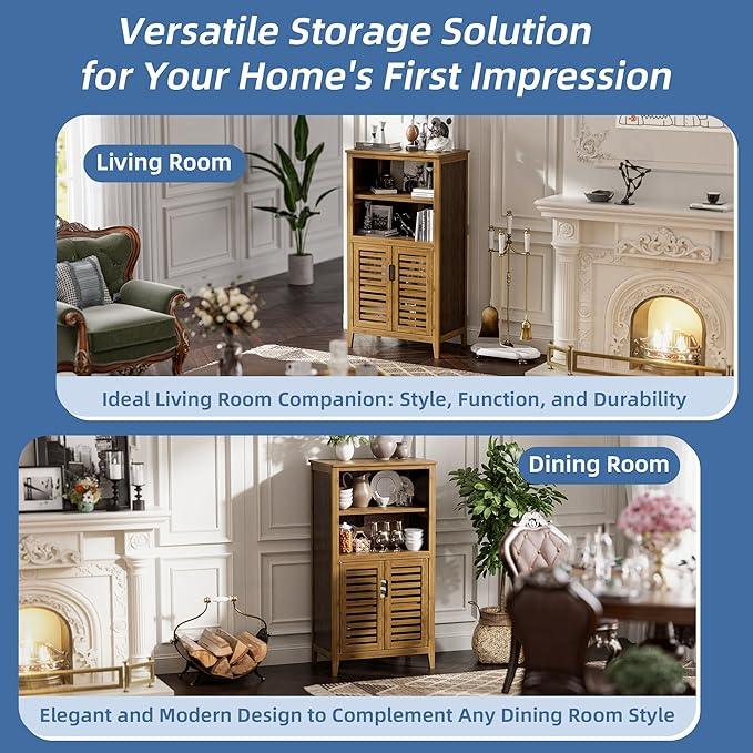 HITNET Walnut Bathroom Floor Cabinet, Bamboo Side Tall Storage Organizer, Freestanding Kitchen Cupboard with Door and Removable Shelf - ModernBath