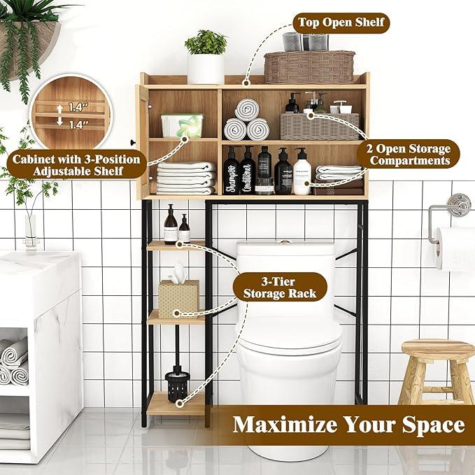 Giantex Over The Toilet Storage Cabinet with Rattan Door, Freestanding Space Saver Rack Above Toilet with Metal Stand, Adjustable Shelf, Over Toilet Bathroom Organizer for Restroom, Laundry - ModernBath
