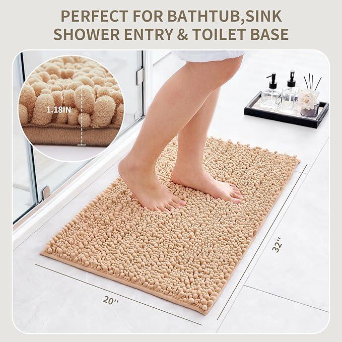 Ruggnovea Chenille Bathroom Rugs Non Slip Washable 32x20, Extra Thick Soft Absorbent Chenille Bath Mat, Non-Slip Barrier Backing, Quick Dry Machine Washable Bath Mats Tub, Shower,Floor/Sink,Beige - ModernBath