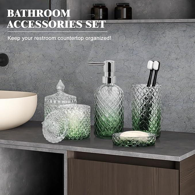 Ulable Bathroom Accessories Set, 5Pcs Bathroom Soap Dispenser Set, Glass Bathroom Accessories with Glass Soap Dispenser, Soap Dish, Toothbrush Holder, Tumbler, Cotton Swab Jar (Gradient Clear & Green) - ModernBath