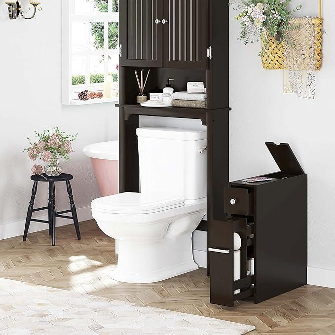 Spirich Slim Bathroom Storage Cabinet, Free Standing Toilet Paper Holder, Bathroom Cabinet Slide Out Drawer, Espresso - ModernBath
