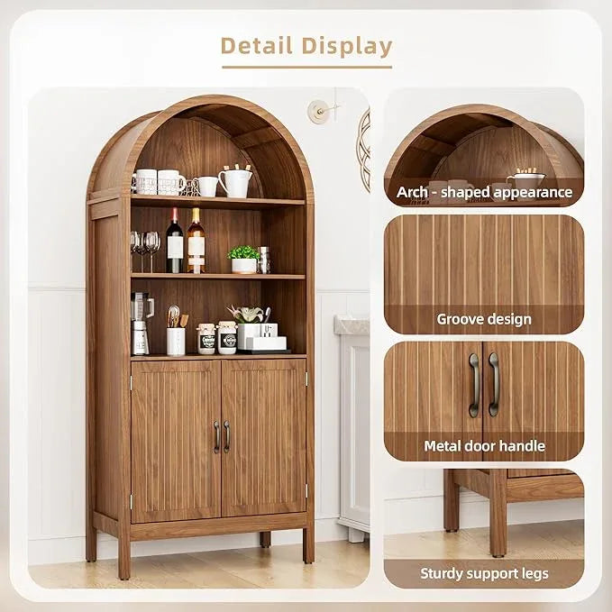 70.9" Tall Storage Cabinet with Fluted Doors, Arched Freestanding Cabinet with 5 Shelves, Wooden Bookcase Storage Cabinet Suitable for Living Room, Dining Room, Bathroom - ModernBath