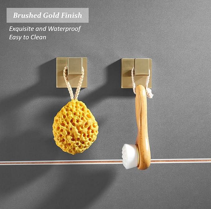 SHUNLI Brushed Gold Towel Hooks for Bathroom, 4 PCS Wall Hook Coat Robe Hook Towel Holder, Heavy Duty Bath Hook Modern Square, SUS304 Stainless Steel - ModernBath