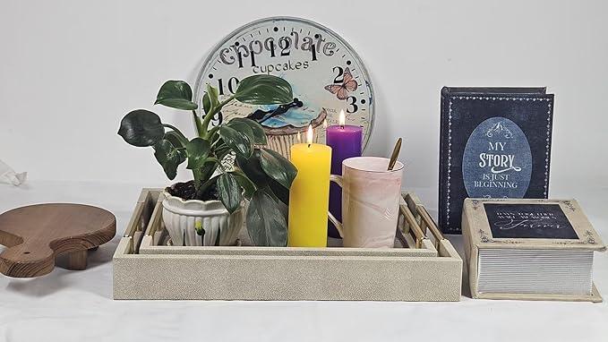 Set of 2 Wood Serving Tray with Gold Polished Metal Handles, Home Decorative Wooden Rectangle Ottoman Leather Decor Platter Bathroom Vanity Tray for All Occasions (Ivory) - ModernBath