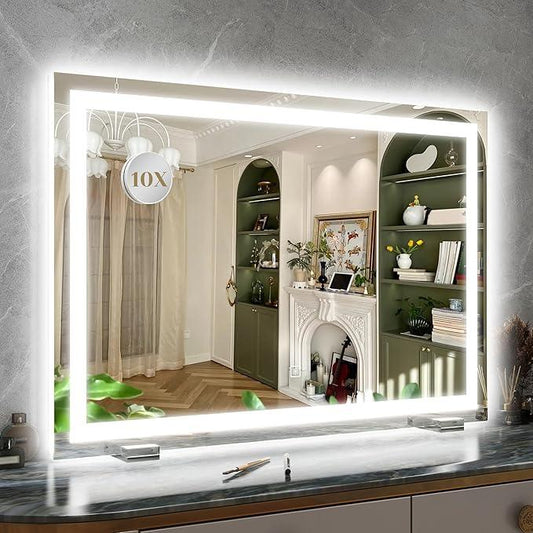 ROLOVE 32x 22 Inch Large Lighted Vanity Mirror with Dimmable 3 Modes, LED Makeup Mirror for Bathroom ＆ Dressing Room, Tabletop or Wall-Mounted, White - ModernBath
