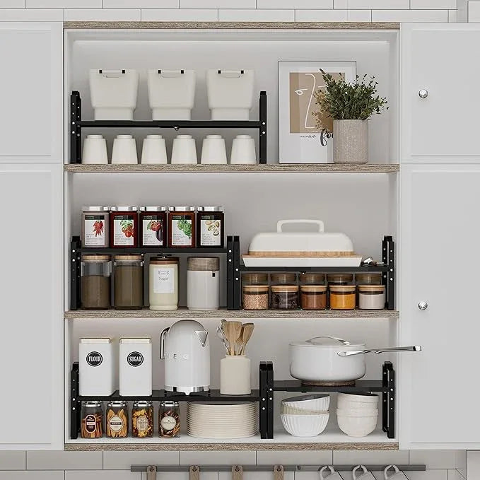 Jojocross Expandable Shelf for Cabinet Organizer Adjustable Stackable Spice Rack at Kitchen and Bathroom More, Counter Countertop Cupboard Organization Pantry Storage(LARGE/2PACKS/BLACK) - ModernBath