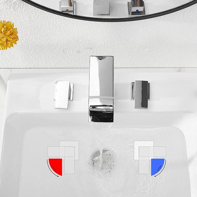 Waterfall Widespread Bathroom Faucet Chrome GGStudy 3 Holes 2 Handle Modern Bathroom Sink Faucet with Pop Up Drain - ModernBath