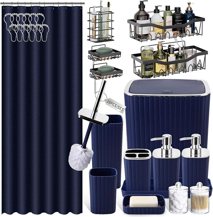 XLHOMO 28PC Bathroom Set - Gorgeous Blue Bathroom Set, Bathroom Accessory Set, Blue Shower Curtain Set with 5PC Shower Organizer - ModernBath