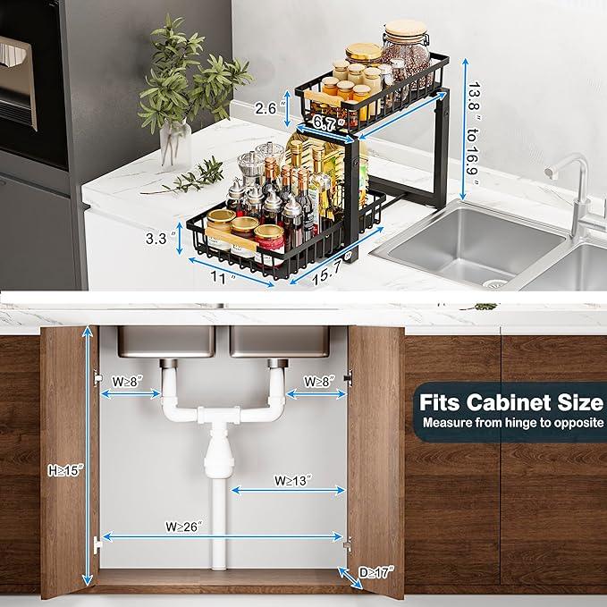 Under Sink Organizers, 2 Tier Pull Out Under Cabinet Organizer，Height Adjustable Pull Out Cabinet Drawers, Metal Sliding Drawer for Kitchen Bathroom Pantry Cabinet Closet Organization Rack，2 Packs - ModernBath
