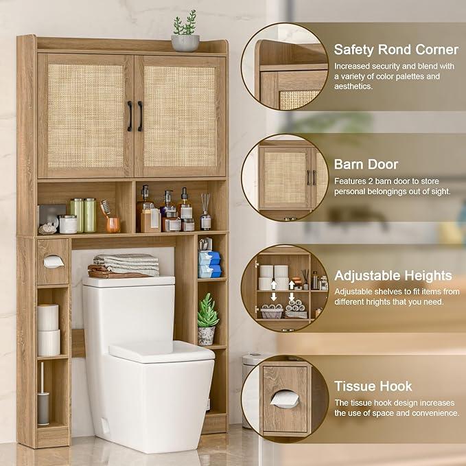 Over The Toilet Storage Cabinet, Farmhouse Toilet Cabinet Rack with Barn Doors, Space Saving Bathroom Organizer with Shelves,Toilet Paper Holder and Towel Rack for Bathroom,Restroom,Laundry,Rattan Oak - ModernBath