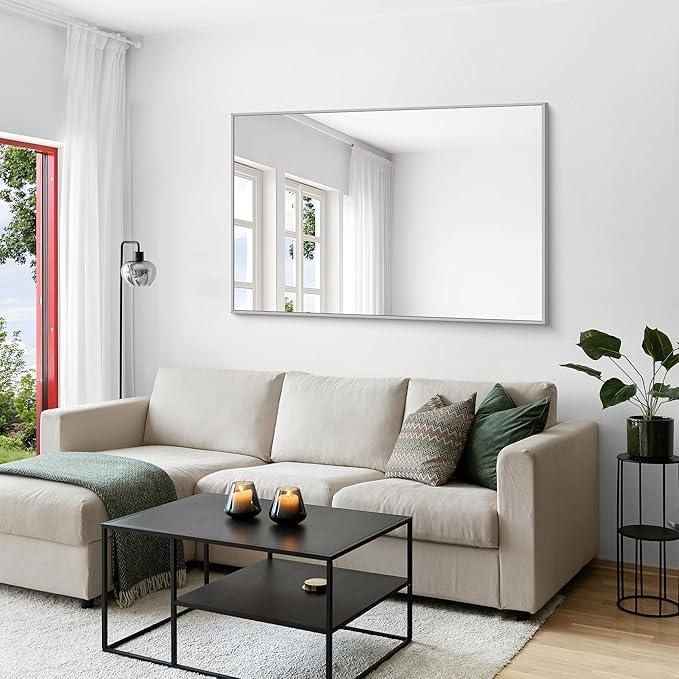 KOCUUY Silver Bathroom Mirror, 55"x36" Large Rectangle Bathroom Mirror for Wall, HD Tempered Glass, Anti-Rust Brushed Silver Frame, Modern Design for Bathroom, Bedroom, Hang Horizontal/Vertical - ModernBath