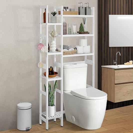 CAPHAUS Over The Toilet Storage Shelf, 7-Tier Bamboo Bathroom Organizer Shelf Rack Over Toilet with Adjustable Feet & Hooks, Freestanding Toilet Shelf for Bathroom Laundry Balcony Plant Stand, White