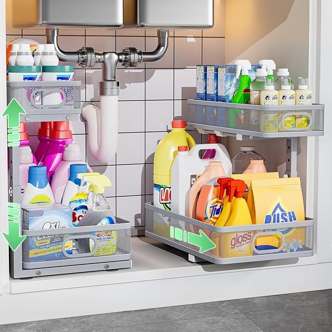 Under Sink Organizer, High Adjustable 2 Tier Under Sink Organizers and Storage, Slide Out Metal Cabinet Organizers, Pull Out Sink Storage Drawer Shelf for Kitchen Bathroom Cabinet, Grey, 2 Pack - ModernBath