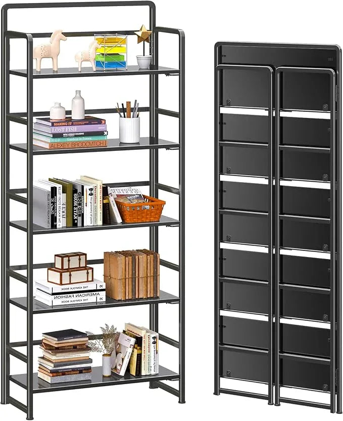 4NM No Assembly 5 Tiers Folding Bookshelf Storage Shelves Vintage Bookcase Standing Racks Study Organizer Home Office (All Black) - ModernBath