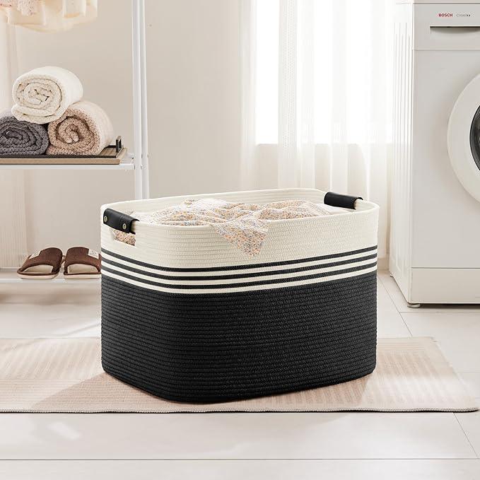 100L Extra Large Laundry Basket with Leather Handles for Living Room Storage, Woven Rope Baskets for Blanket, Kids Toy, Gifts, Wicker Hamper for Bedroom Dirty Clothes, 24"x16"x16" White Black - ModernBath