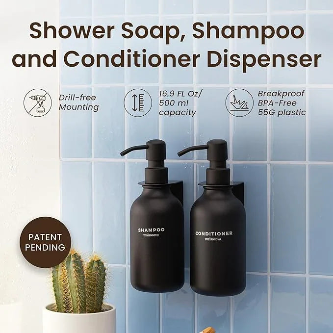 MaisoNovo Shampoo and Conditioner Dispenser - Shower Soap Dispenser Wall Mounted - 16.9 fl oz Set of 2 Black Plastic Bottles Black Pumps - 2 Chamber No Drill - ModernBath