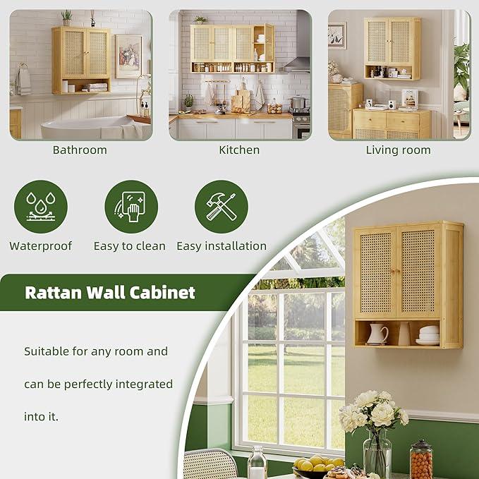 Bathroom Wall Cabinet, Bamboo Over-The-Toilet Storage Organizer with 2 Rattan Doors and Adjustable Shelf, Space Saver Medicine Cabinet for Laundry, Kitchen, Living Room (Natural) - ModernBath