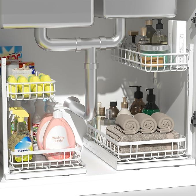 Under Sink Organizer, Adjustable Height Pull-Out Kitchen Storage Organization,15.8" x 11.8" x 16.5",2-Tier Kitchen Shelf,Bathroom Drawer Organizer, White - ModernBath
