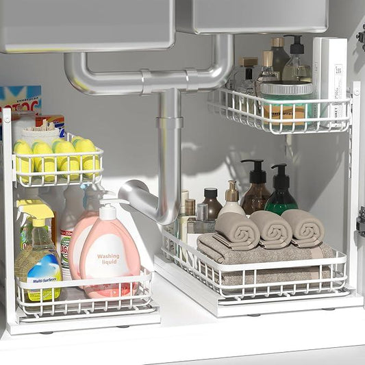 Under Sink Organizer, Adjustable Height Pull-Out Kitchen Storage Organization,15.8" x 11.8" x 16.5", 2-Tier Kitchen Shelf, Bathroom Drawer Organizer, 2 Pack|White - ModernBath