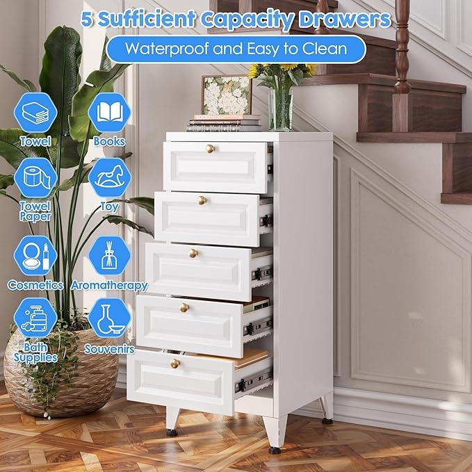 5 Drawer Dresser for Bedroom, Metal Storage Cabinet with Drawers and Leg, Vintage-Style Metal Storage Chest for Bathroom, Living Room, Required Assembly, White - ModernBath