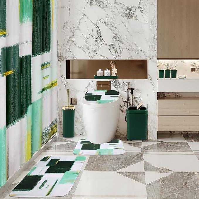 XLHOMO Bathroom Set - Dark Green and Gold Bathroom Accessories Set, Bathroom Sets with Shower Curtain and Rugs, Green Shower Curtain Set with Bathroom Trash Can, Soap Dispenser, Soap Dish for Home - ModernBath