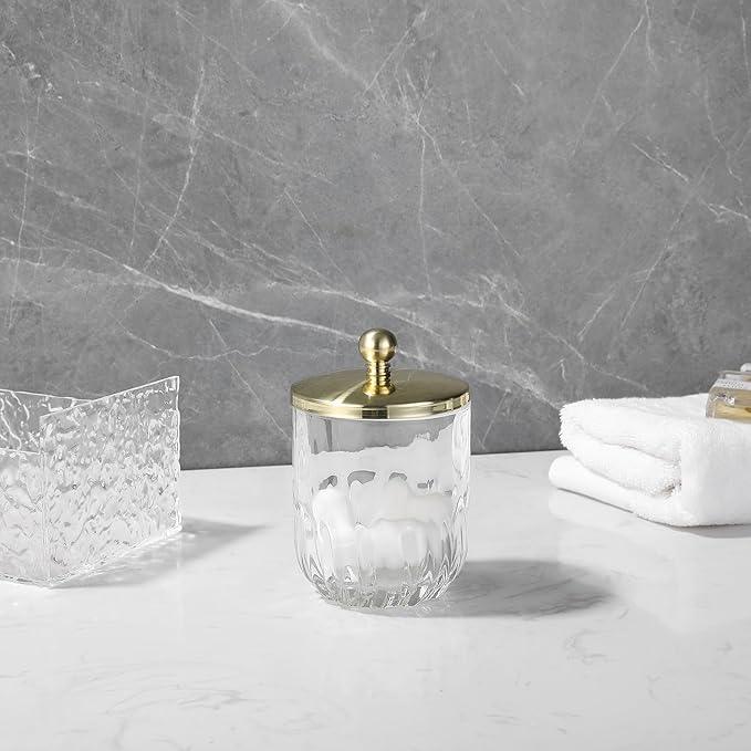 Indecor Home Clear Transparent Apothecary Vertical Wavy Glass Jar With Gold Metal Lid Cover for Bathroom Organization, Cotton Balls, Q Tips, and Small Accessories, Bathroom Storage - ModernBath