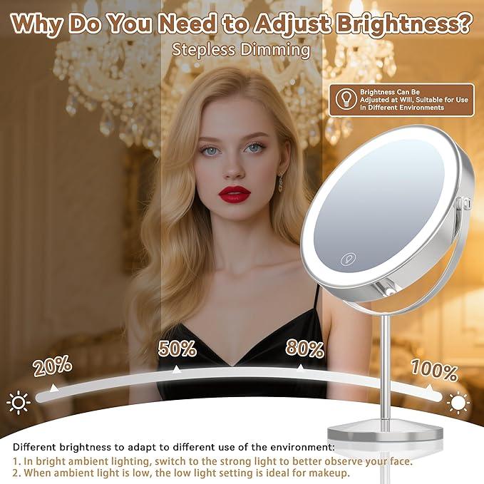 9" Magnifying Mirror with Light 1X/20X, Makeup Mirror with Light includes small mirror, 2000mAh Rechargeable, 360° Rotation, 3 Color Modes, Double-Sided, Ideal for Eyebrows, Lenses & Skincare - ModernBath