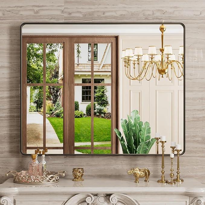 JISOSO 40X32 Inch Black Bathroom Mirror, Black Metal Framed Mirror for Wall, Rounded Rectangle Matte Bathroom Vanity Mirror with Tempered Glass, Anti-Rust, Horizontal/Vertical - ModernBath