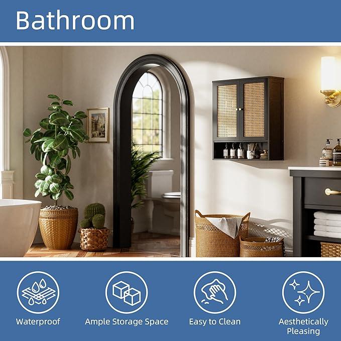 HITNET Wall Cabinet, Bamboo Medicine Cabinet with Rattan Doors and Adjustable Shelf, Bathroom Hanging Storage Organizer Over Toilet for Small Space (Black) - ModernBath