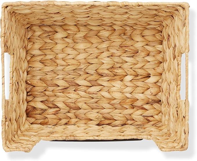Casafield Set of 2 Water Hyacinth Pantry Baskets with Handles, Chalkboard Labels, and Marker - Natural, Wide Woven Storage Bin Organizers for Kitchen Shelves - ModernBath