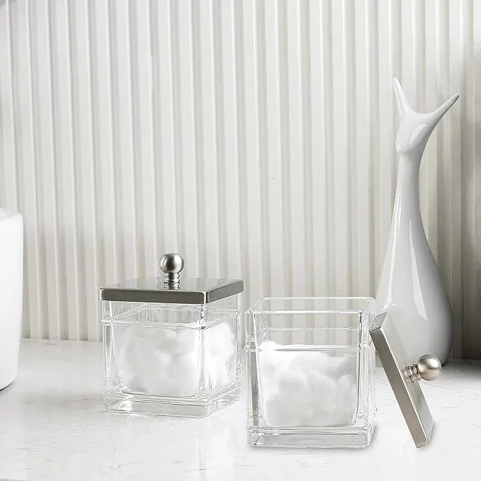 Indecor Home Glass Cotton Jar Holder 2 Pack– Satin Nickel Lid, Elegant Bathroom Storage Canister for Qtips, Cotton Balls, Floss, Makeup Organizer, Vanity & Bathroom Organization - ModernBath