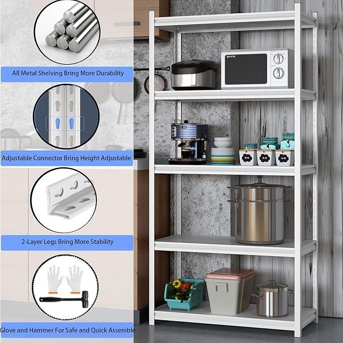 5 Tier Metal Storage Shelves Adjustable Garage Shelving, Heavy Duty Industrial Utility Rack Organization for Kitchen, Pantry, Closet, Garage, Office (White) - ModernBath