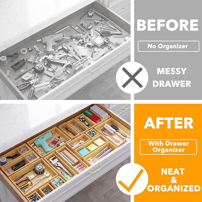SpaceAid 21-Piece Bamboo Drawer Organizer Storage Boxes Set, Wood Tray Junk Drawer Organizers Multi-Use Divider Bins for Kitchen, Bathroom, Office Desk and Makeup Organization (21 Pack, Natural) - ModernBath